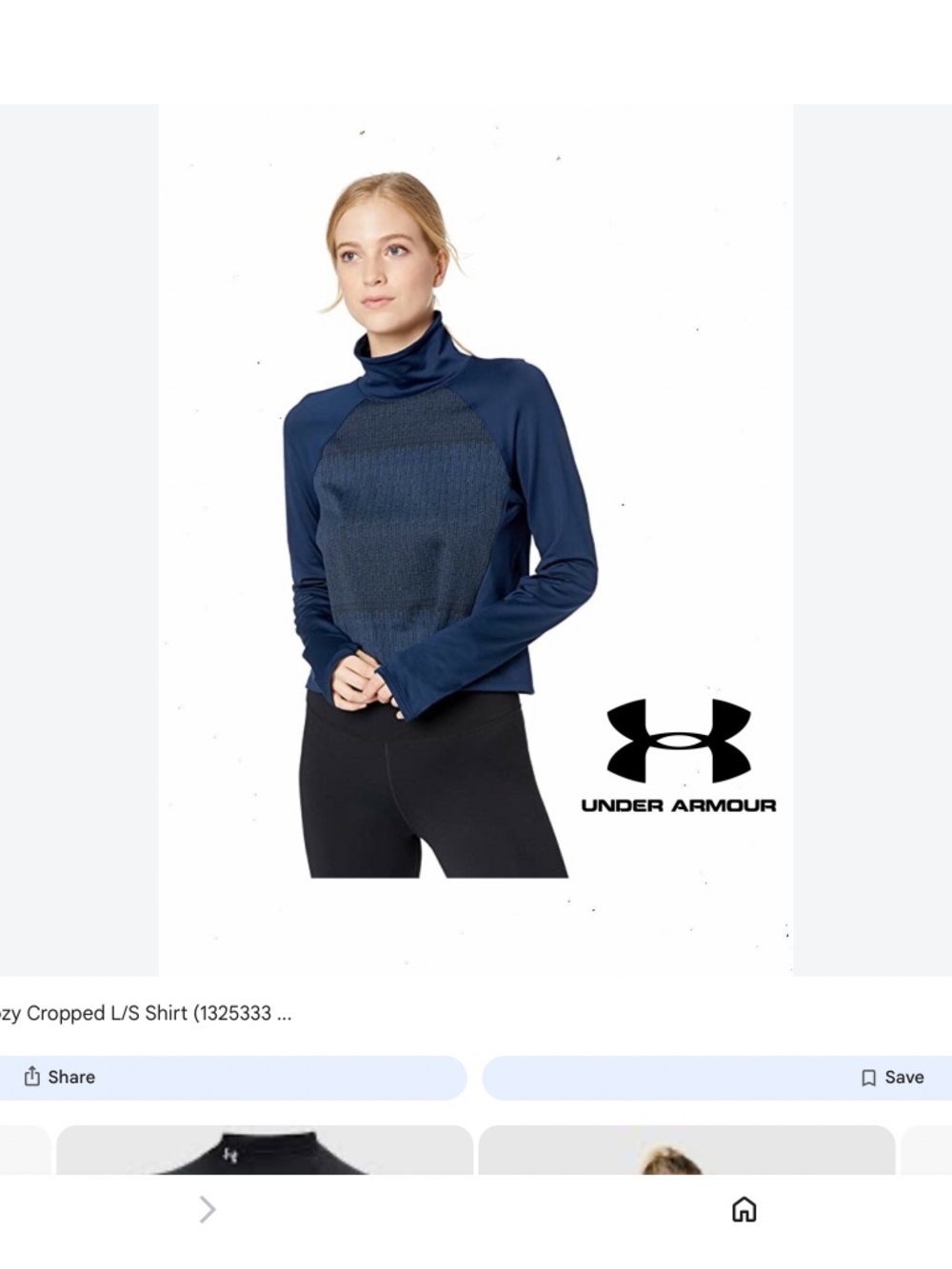 Under Armour Womens Shirt Medium Blue Black Cropped Thumb Holes ColdGear Logo